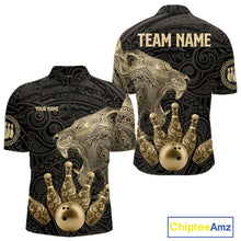 Load image into Gallery viewer, Black and Gold Lion Tribal Bowling Polo, 1/4 Zip Shirts For Men Custom Retro Bowling Team Jerseys NQS11149