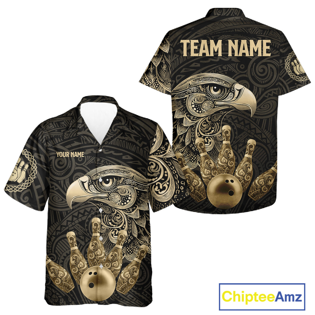 Black and Gold Eagle Tribal Bowling Hawaiian Shirt Custom Retro Bowling Team Jerseys NQS11150