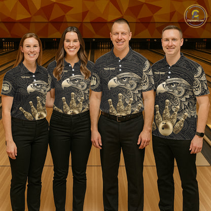 Black and Gold Eagle Tribal Bowling Polo, 1/4 Zip Shirts For Women Custom Retro Bowling Team Jerseys NQS11150