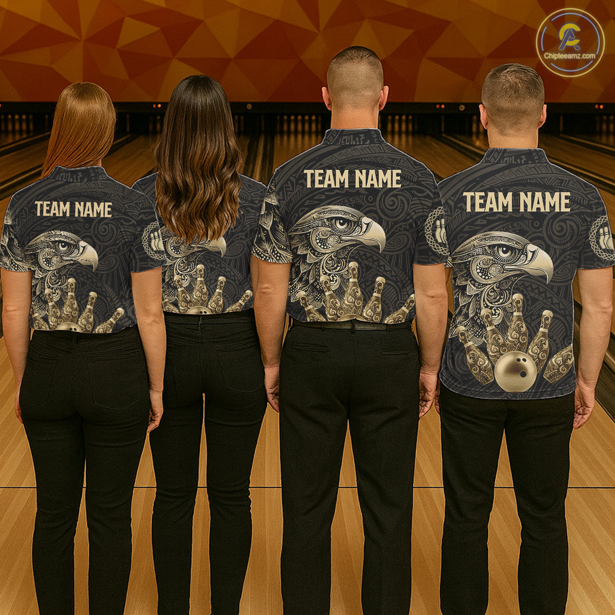 Black and Gold Eagle Tribal Bowling Polo, 1/4 Zip Shirts For Women Custom Retro Bowling Team Jerseys NQS11150