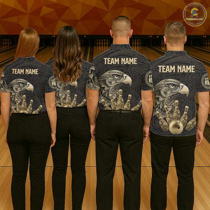 Black and Gold Eagle Tribal Bowling Polo, 1/4 Zip Shirts For Women Custom Retro Bowling Team Jerseys NQS11150