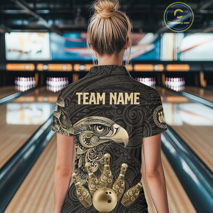 Black and Gold Eagle Tribal Bowling Polo, 1/4 Zip Shirts For Women Custom Retro Bowling Team Jerseys NQS11150