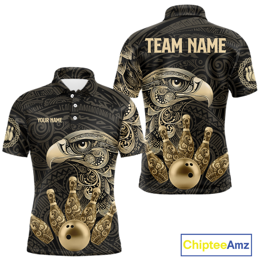 Black and Gold Eagle Tribal Bowling Polo, 1/4 Zip Shirts For Men Custom Retro Bowling Team Jerseys NQS11150