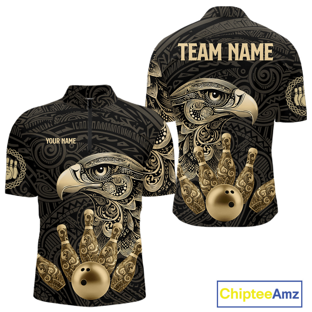 Black and Gold Eagle Tribal Bowling Polo, 1/4 Zip Shirts For Men Custom Retro Bowling Team Jerseys NQS11150