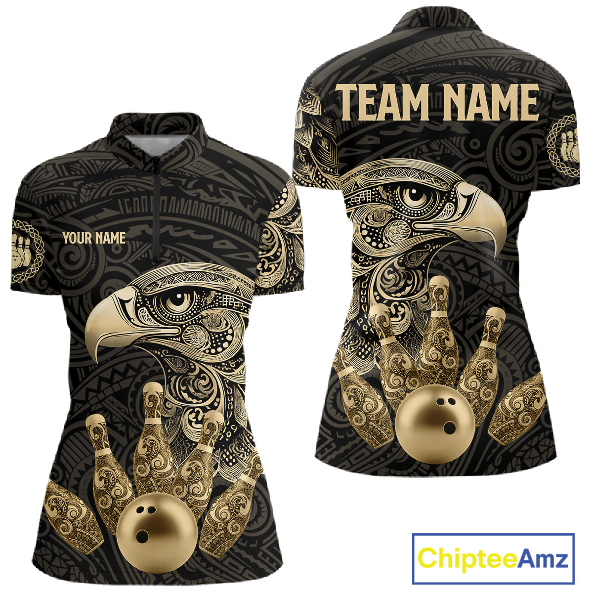 Black and Gold Eagle Tribal Bowling Polo, 1/4 Zip Shirts For Women Custom Retro Bowling Team Jerseys NQS11150