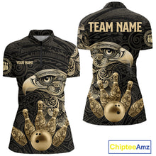 Load image into Gallery viewer, Black and Gold Eagle Tribal Bowling Polo, 1/4 Zip Shirts For Women Custom Retro Bowling Team Jerseys NQS11150