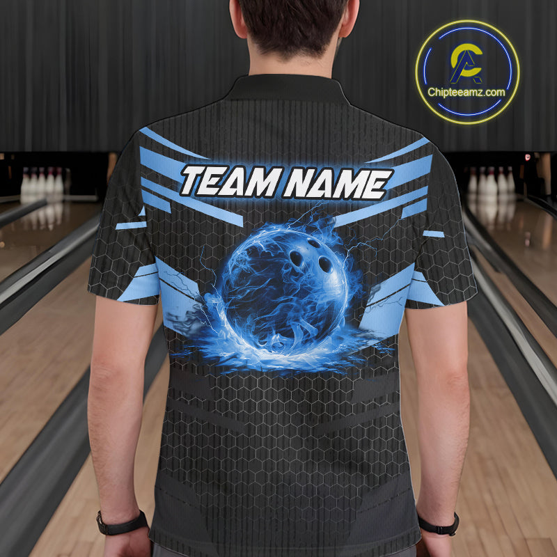Black and Blue Lightning Thunder Bowling Shirts For Men Custom Bowling Team Jerseys, Gift For Bowlers NQS11140