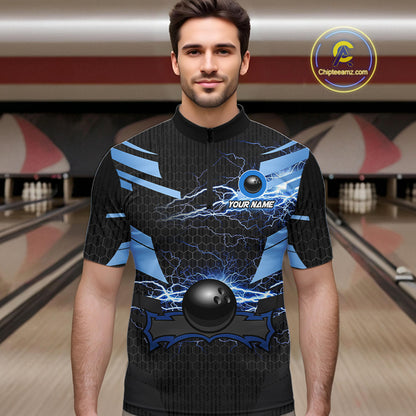 Black and Blue Lightning Thunder Bowling Shirts For Men Custom Bowling Team Jerseys, Gift For Bowlers NQS11140