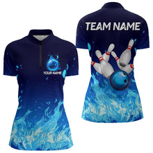 Load image into Gallery viewer, Blue Flame Fire Bowling Polo, Quarter Zip Shirts for Women Custom Bowling Team jerseys, Bowling Outfit NQS9285