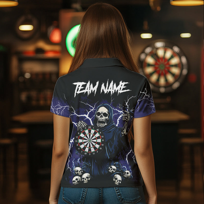 Purple Lightning Thunder Skull Darts Polo, Quarter zip Shirt For Women Custom Team Darts Jersey Outfit NQS9446