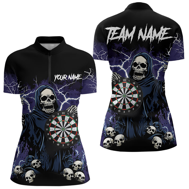 Purple Lightning Thunder Skull Darts Polo, Quarter zip Shirt For Women Custom Team Darts Jersey Outfit NQS9446