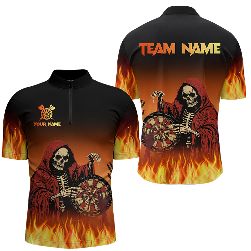 Flame Skull Reaper Darts Polo, Quarter zip Shirts For Men Custom Team Darts Jersey Outfit NQS9447