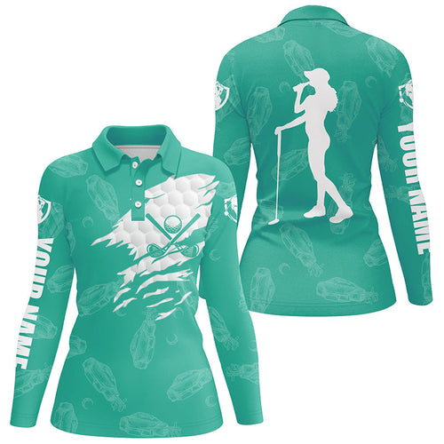 Womens golf polo shirts custom name golf clubs pattern shirt for ladies | Turquoise NQS7536