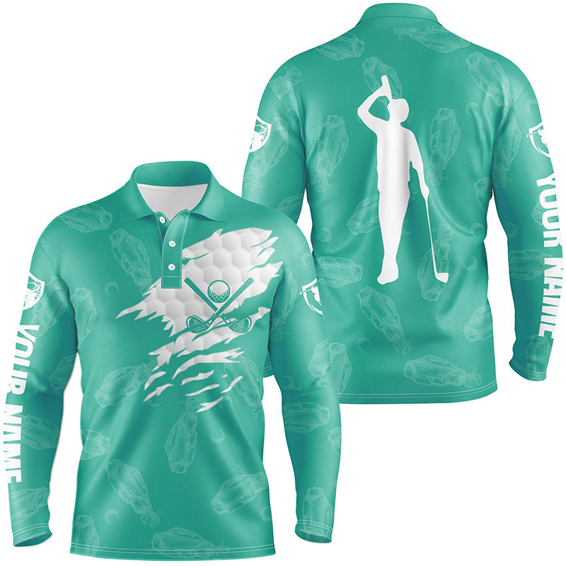 Mens golf polo shirt custom name golf clubs pattern shirt | Turquoise NQS7536