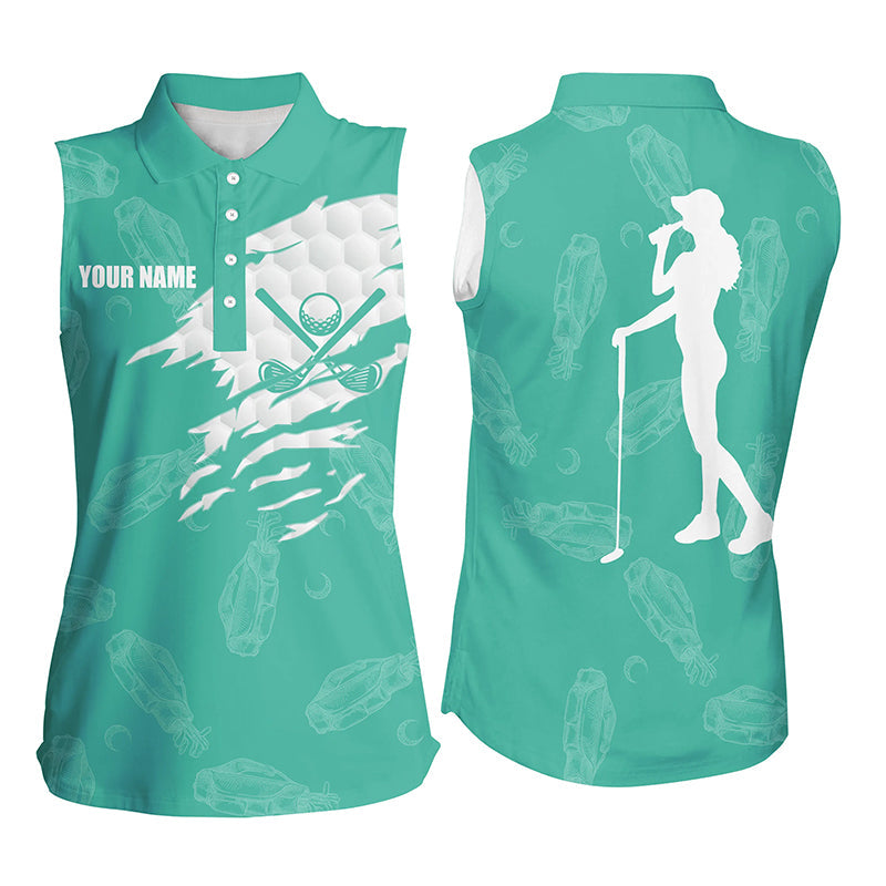 Womens sleeveless polo shirts custom name golf clubs pattern shirt for ladies | Turquoise NQS7536