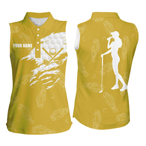 Womens sleeveless polo shirts custom name golf clubs pattern shirt for ladies | Yellow NQS7536