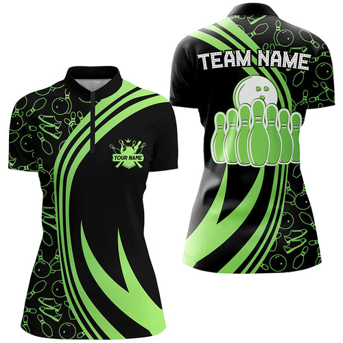 Black Women bowling Quarter Zip shirt Custom Green neon team league bowling jerseys, gifts for bowlers NQS7535