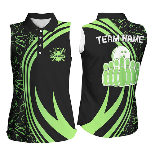 Black Women Sleeveless Polo Shirt Custom Green neon team league bowling jerseys, gifts for bowlers NQS7535