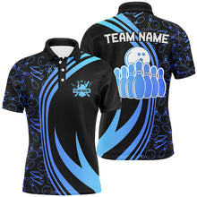 Load image into Gallery viewer, Black Mens bowling shirts Custom Blue neon team league bowling jerseys, gifts for bowlers NQS7537