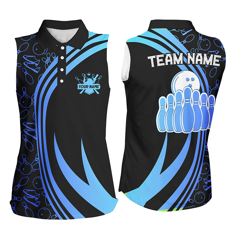 Black Women Sleeveless Polo Shirt Custom Blue neon team league bowling jerseys, gifts for bowlers NQS7537