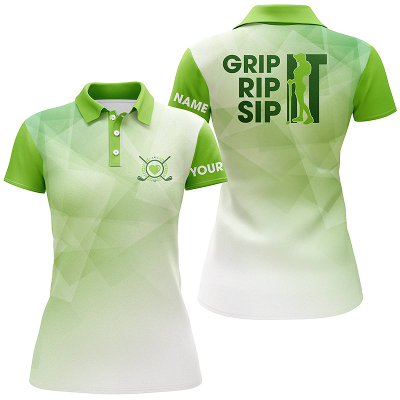 Funny Womens golf polo shirt custom name grip it rip it sip it, golf tops for ladies | Green NQS5571