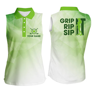 Funny Women sleeveless polo shirt grip it rip it sip it, custom womens golf tanks | Green NQS5571