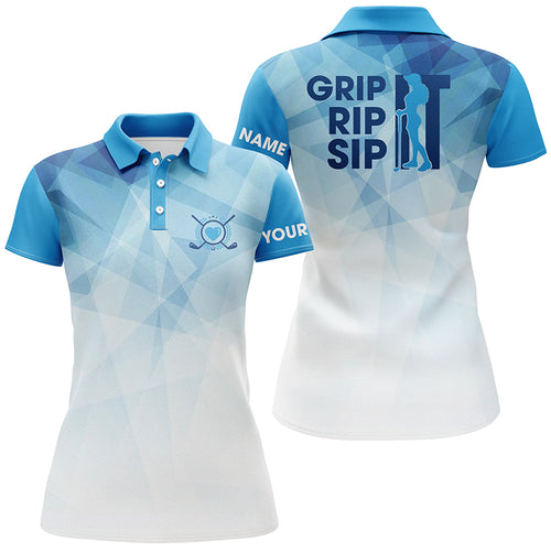 Funny Womens golf polo shirt custom name grip it rip it sip it, golf tops for ladies | Blue NQS5572