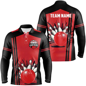 Personalized black and red retro Bowling Polo, Quarter Zip shirts For Men, Bowling Team Jerseys NQS7687