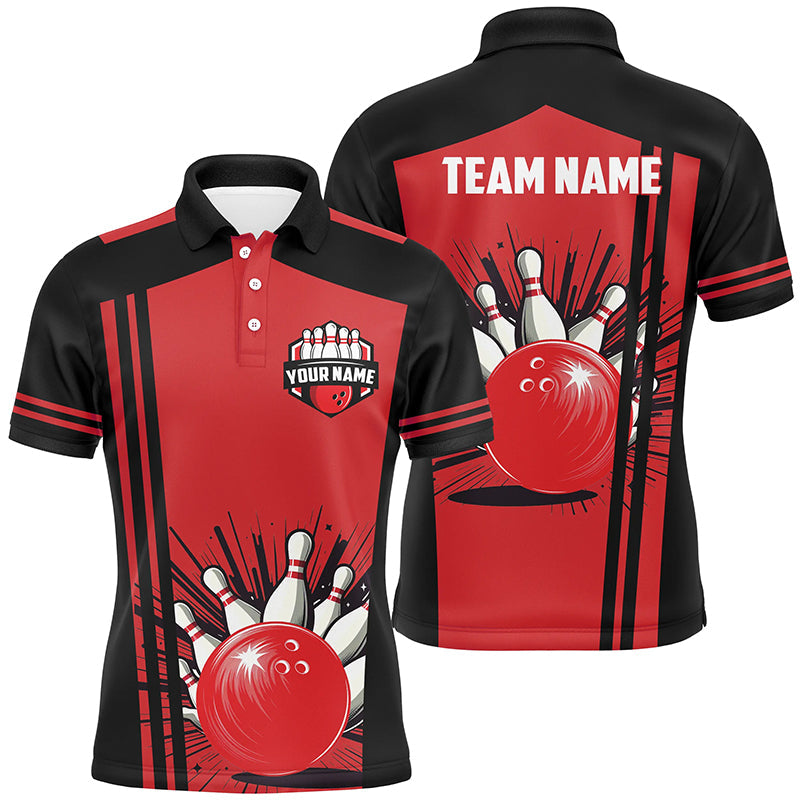 Personalized black and red retro Bowling Polo, Quarter Zip shirts For Men, Bowling Team Jerseys NQS7687