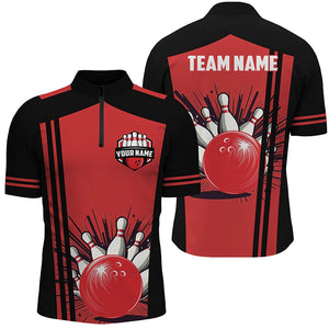 Personalized black and red retro Bowling Polo, Quarter Zip shirts For Men, Bowling Team Jerseys NQS7687