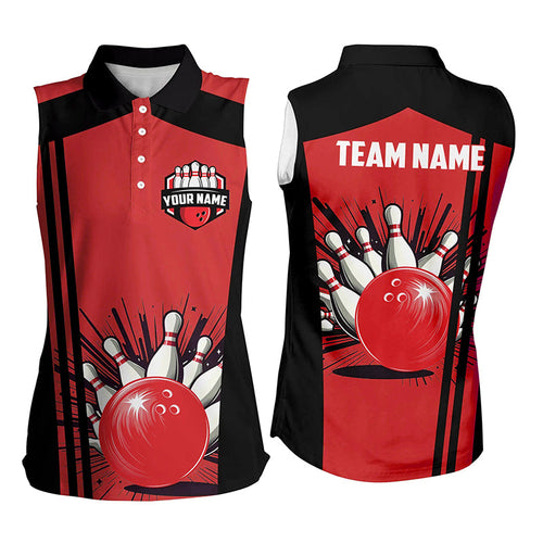 Womens bowling sleeveless polo shirts Custom black and red retro Bowling Team Jersey, gift for Bowler NQS7687