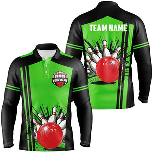 Personalized black and green retro Bowling Polo, Quarter Zip shirts For Men, Bowling Team Jerseys NQS7688