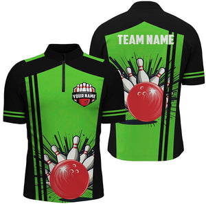 Personalized black and green retro Bowling Polo, Quarter Zip shirts For Men, Bowling Team Jerseys NQS7688