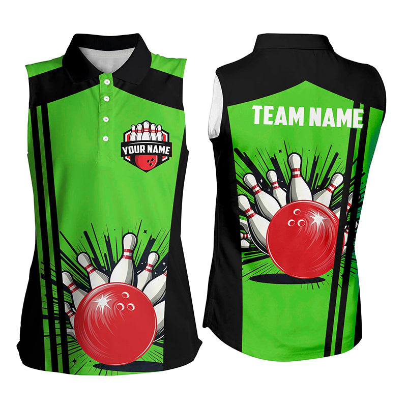 Womens bowling sleeveless polo shirts Custom black & green retro Bowling Team Jersey, gift for Bowler NQS7688