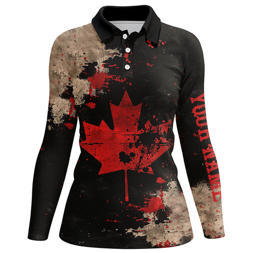 Vintage Black Canadian flag Women golf polo shirts custom golf outfits for ladies, unique golf gifts NQS7693