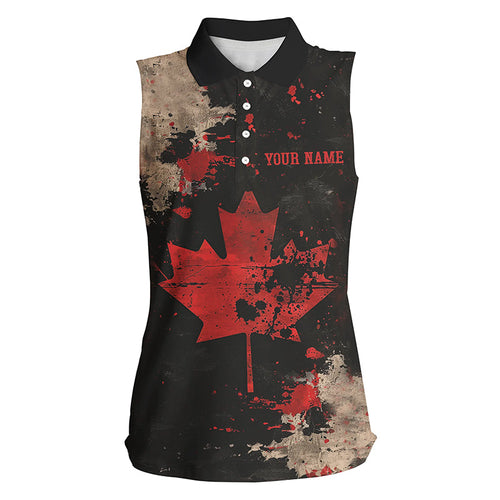 Vintage Black Canadian flag Womens sleeveless polo shirts custom golf outfits, unique golf gifts NQS7693