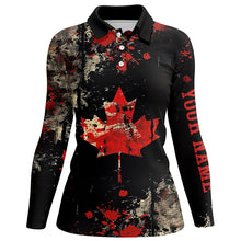 Load image into Gallery viewer, Women golf polo shirts custom Vintage Black Canadian flag golf outfits for ladies, unique golf gifts NQS7694