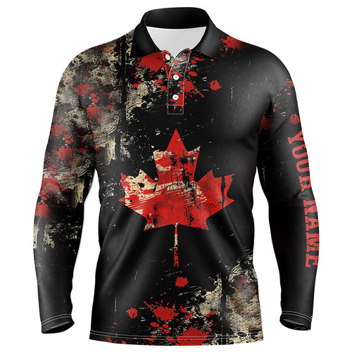 Mens golf polo shirts custom Vintage Black Canadian flag golf outfits for men, unique golf gifts NQS7694
