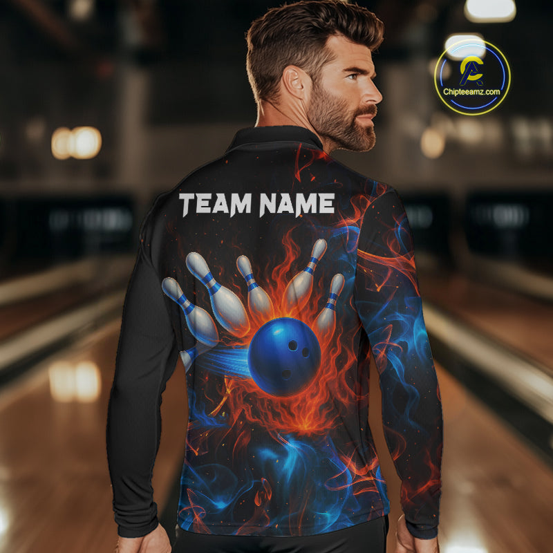 Blue and Orange Flame Bowling Polo, Quarter Zip Shirts for Men Custom Team bowling outfit uniform NQS10026
