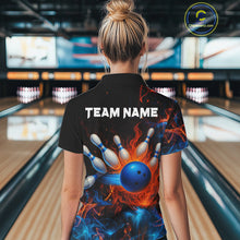 Load image into Gallery viewer, Blue and Orange Flame Bowling Polo, Quarter Zip Shirts for Women Custom Team bowling outfit uniform NQS10026