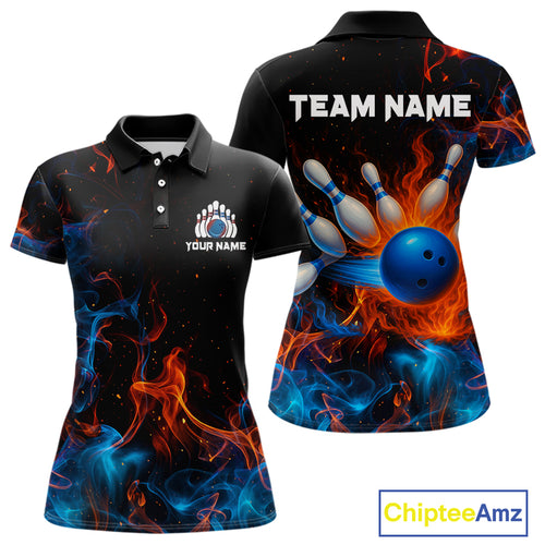 Blue and Orange Flame Bowling Polo, Quarter Zip Shirts for Women Custom Team bowling outfit uniform NQS10026
