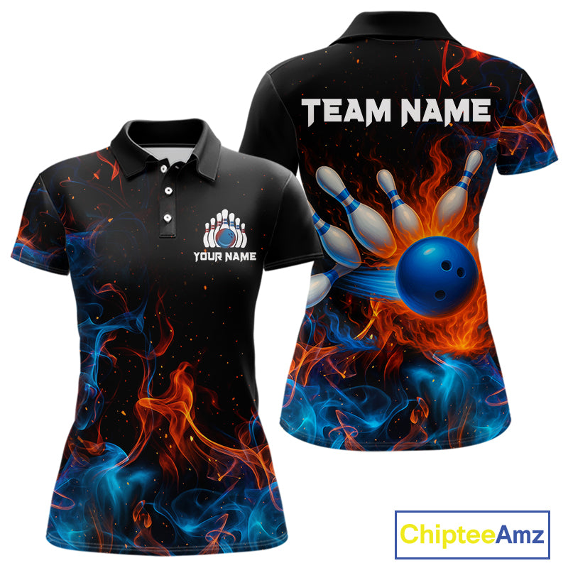 Blue and Orange Flame Bowling Polo, Quarter Zip Shirts for Women Custom Team bowling outfit uniform NQS10026