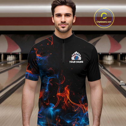 Blue and Orange Flame Bowling Polo, Quarter Zip Shirts for Men Custom Team bowling outfit uniform NQS10026