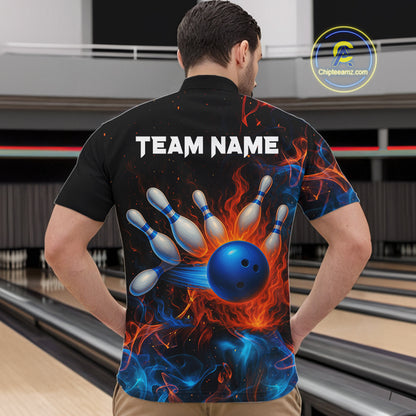 Blue and Orange Flame Bowling Polo, Quarter Zip Shirts for Men Custom Team bowling outfit uniform NQS10026