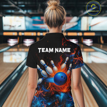 Load image into Gallery viewer, Blue and Orange Flame Bowling Polo, Quarter Zip Shirts for Women Custom Team bowling outfit uniform NQS10026