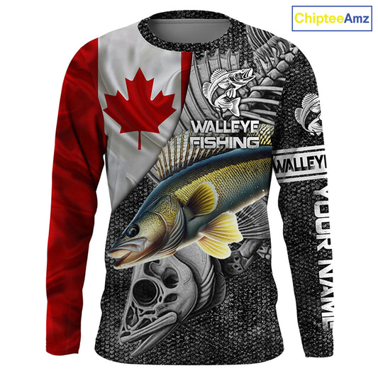 Canadian Flag Walleye Fishing Custom long sleeve performance Fishing Shirts, Walleye Fishing jerseys NQS3530