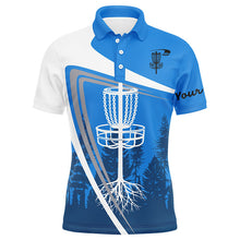 Load image into Gallery viewer, Mens disc golf polo shirt custom name blue disc golf basket, personalized disc golf shirts NQS7931