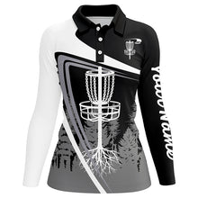 Load image into Gallery viewer, Womens disc golf polo shirt custom name black disc golf basket, personalized disc golf shirts NQS7932