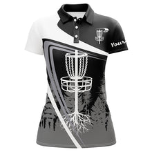 Load image into Gallery viewer, Womens disc golf polo shirt custom name black disc golf basket, personalized disc golf shirts NQS7932