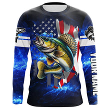 Load image into Gallery viewer, Walleye Fishing 3D American Flag patriotic blue galaxy Custom Walleye long sleeve Fishing Shirts NQS7935